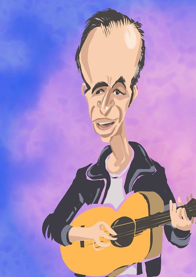 Caricature de JJ Goldman dessinée lors d'un gala d'entreprise à Nantes Caricature de Jean Jacques Goldman jouant de la guitare